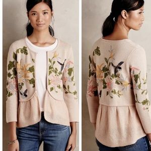 Anthropologie Moth Pink Cardigan with Beaded Embroidered Birds / Flowers, Medium